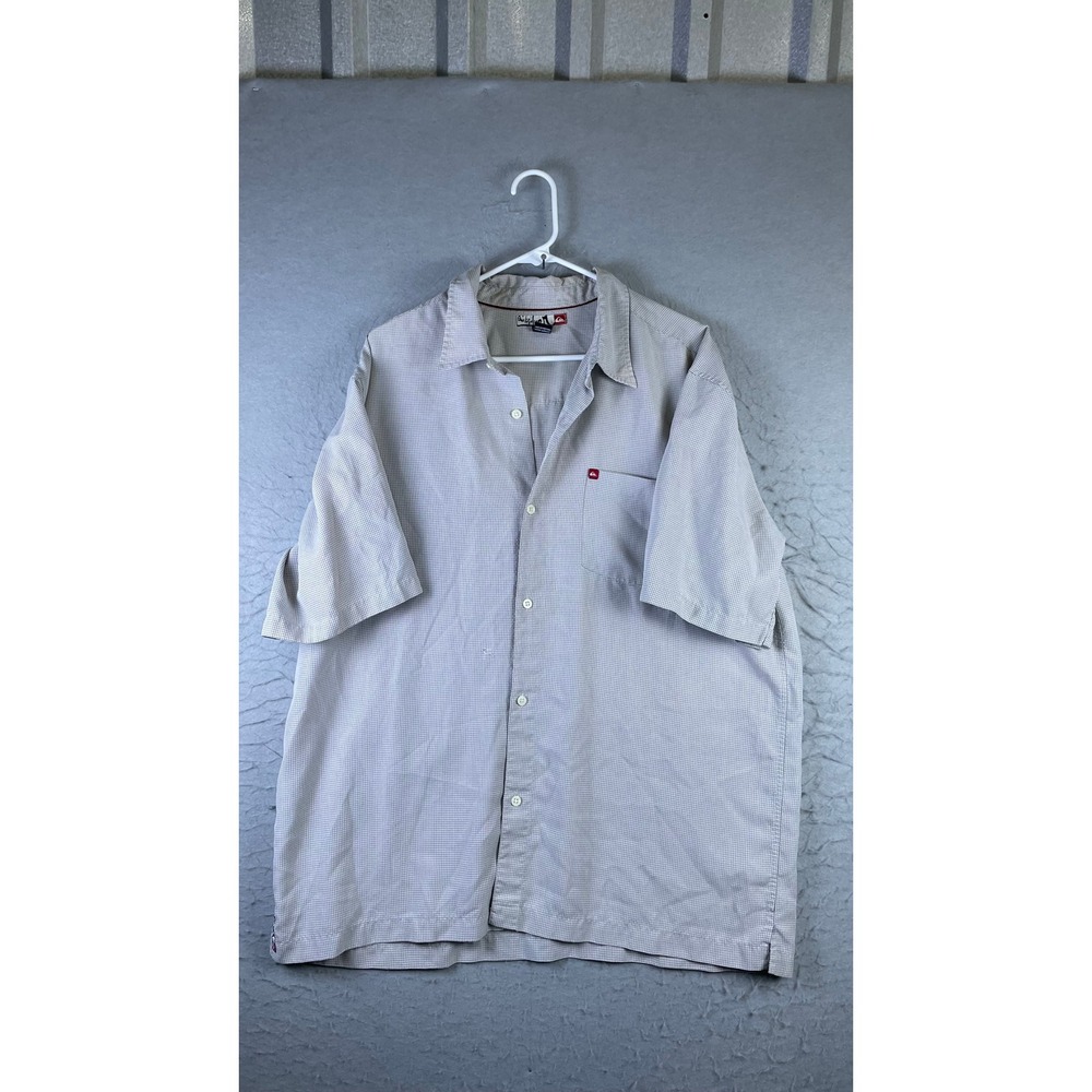 Quiksilver Button Up Shirt Mens XL Tan Good Short Sleeve Grid Pattern Pocket